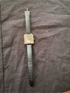 Adrienne Vittadini Black Leather Strap Square Floral Dial Watch with Gold Case